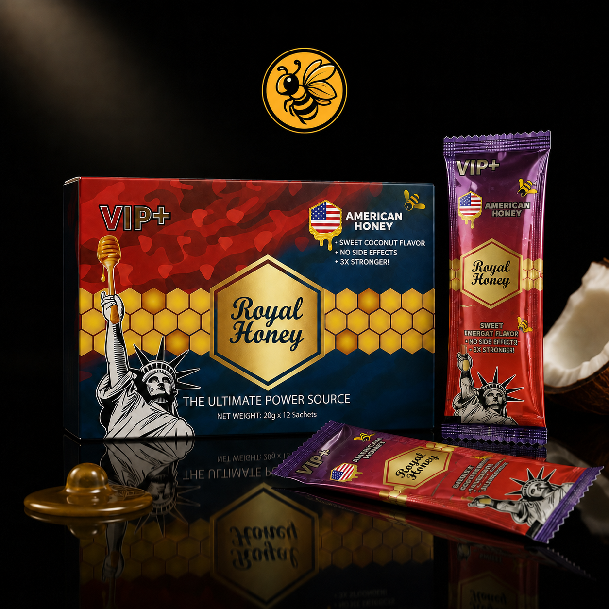 5 Cajas Royal Honey VIP+ Sabor Coco | Pack Entrada