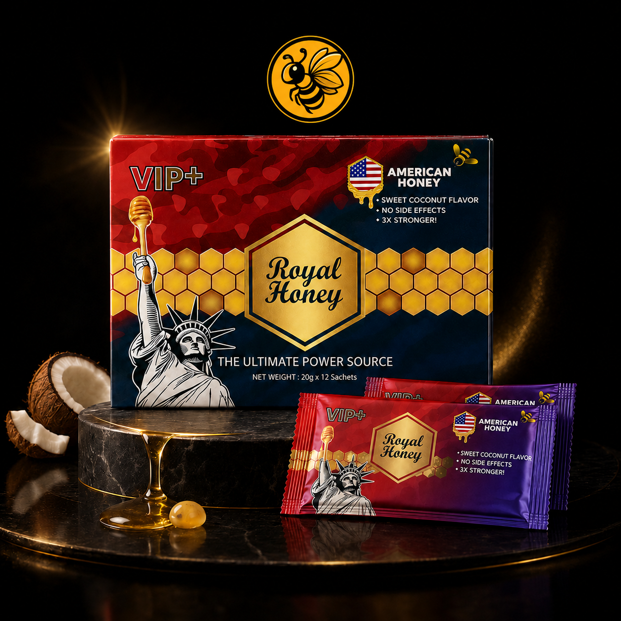 20 Cajas Royal Honey VIP+ Sabor Coco | Pack Pro