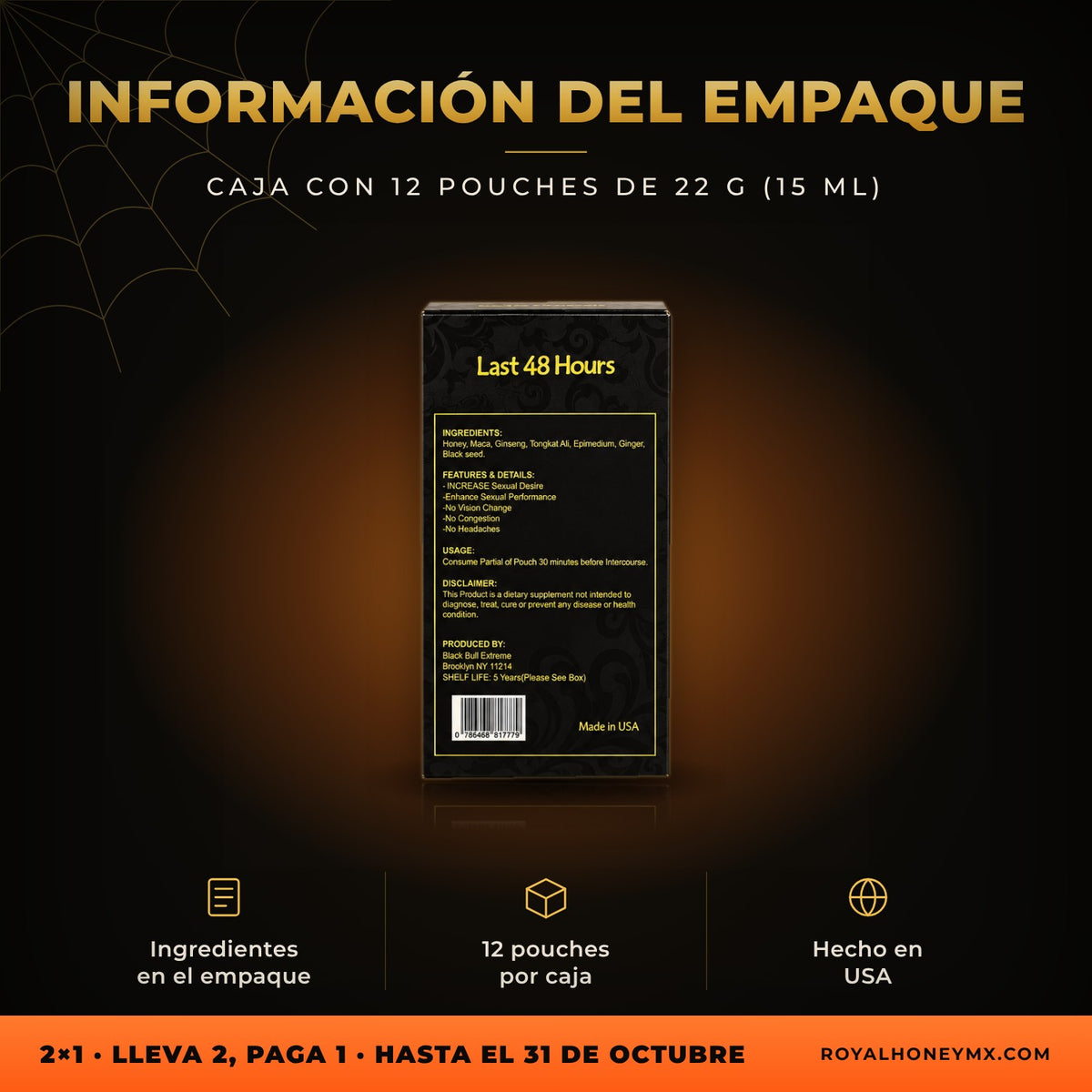Reverso del empaque de Black Bull Extreme, caja con 12 pouches, con ingredientes