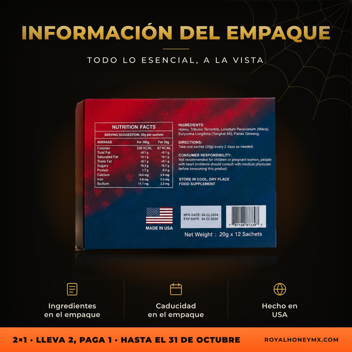 Reverso del empaque de Royal Honey American VIP+, caja con 12 sobres con ingredientes y caducidad