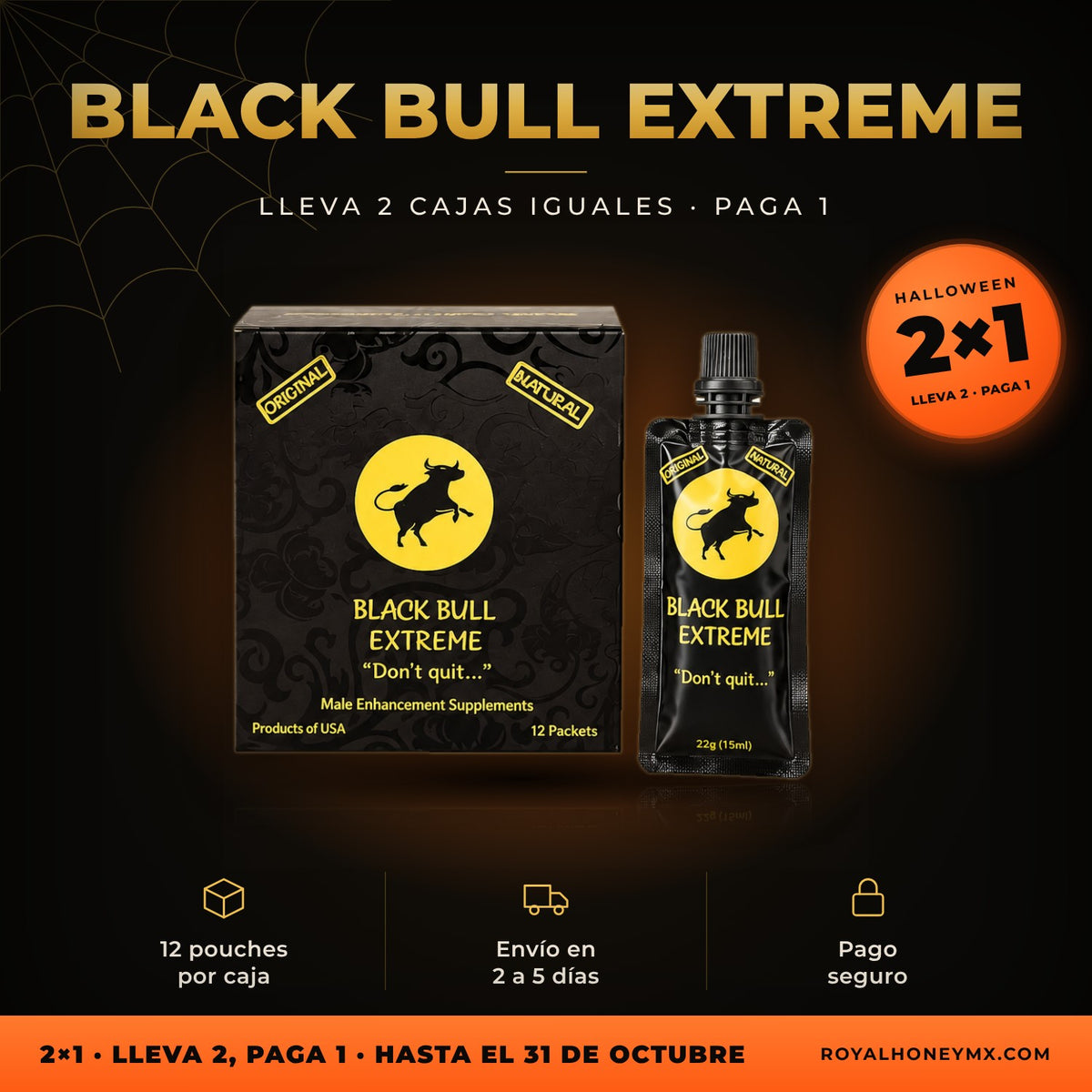 Black Bull Extreme, caja con 12 pouches: promoción 2x1 de Halloween en Royal Honey MX, hasta el 31 de octubre