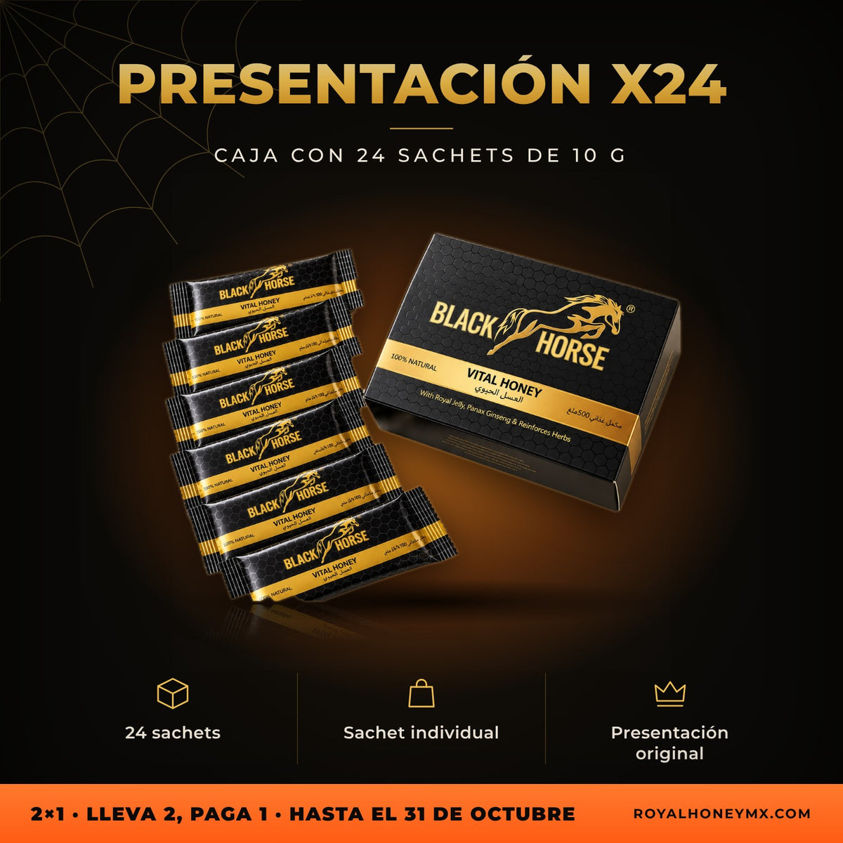 Black Horse Vital Honey, caja con 24 sobres: presentación original con sus piezas individuales