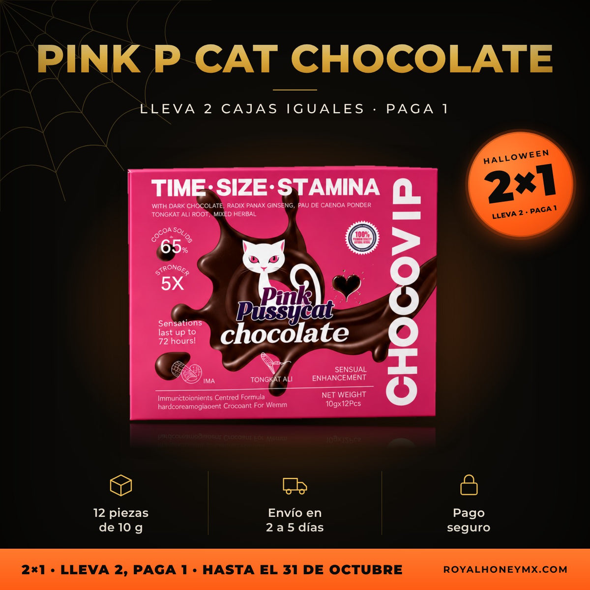Pink P Cat Chocolate, caja con 12 piezas: promoción 2x1 de Halloween en Royal Honey MX, hasta el 31 de octubre