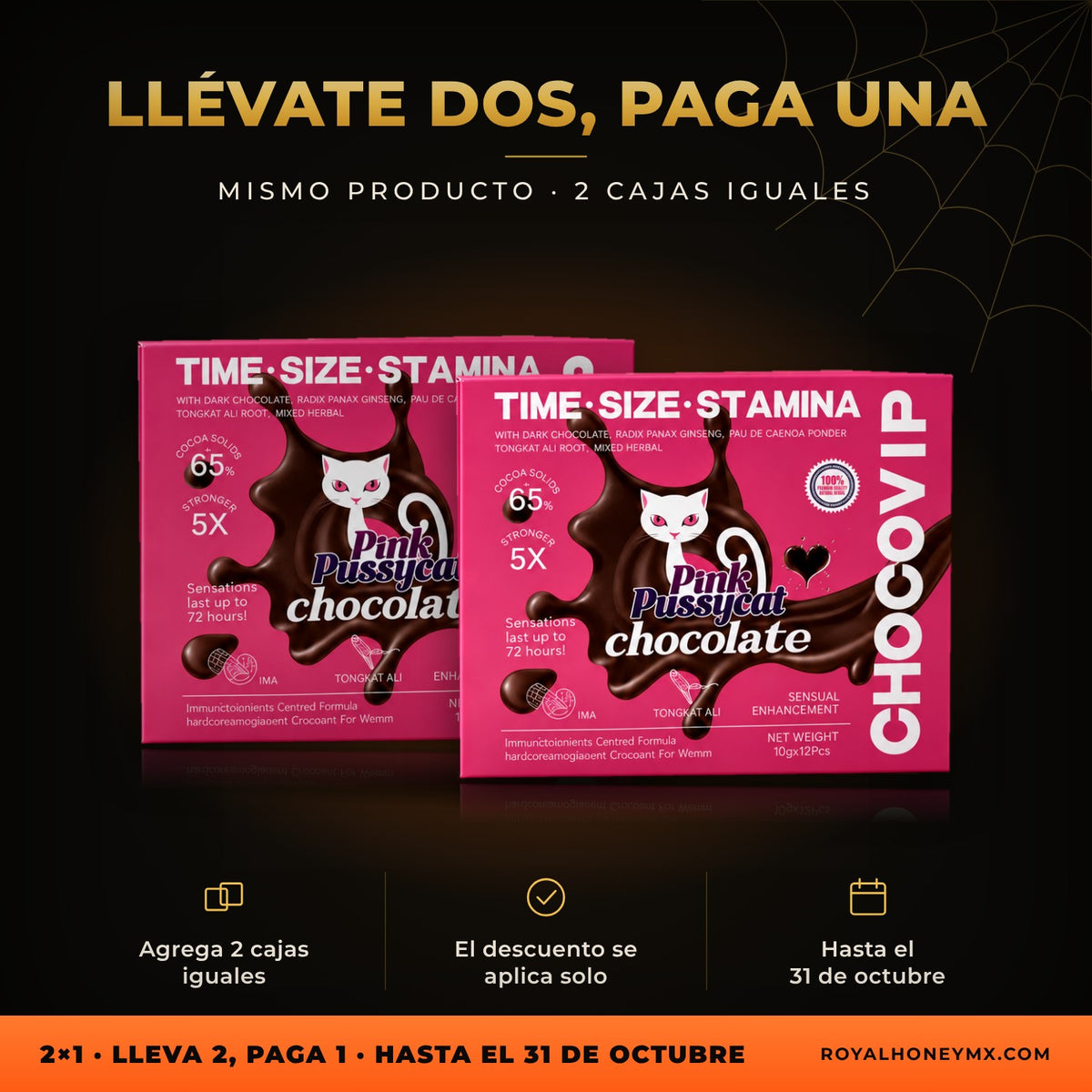 Dos unidades de Pink P Cat Chocolate, caja con 12 piezas: lleva 2 iguales y paga 1 en Royal Honey MX