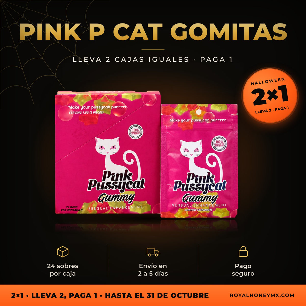 Pink P Cat Gomitas, caja con 24 sobres: promoción 2x1 de Halloween en Royal Honey MX, hasta el 31 de octubre