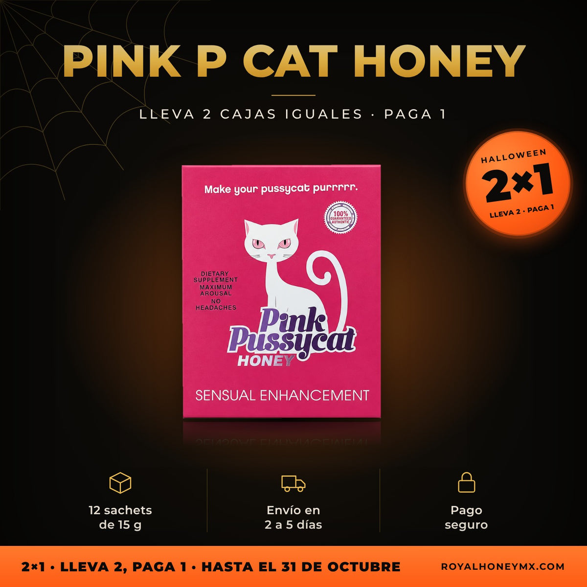 Pink P Cat Honey, caja con 12 sobres: promoción 2x1 de Halloween en Royal Honey MX, hasta el 31 de octubre