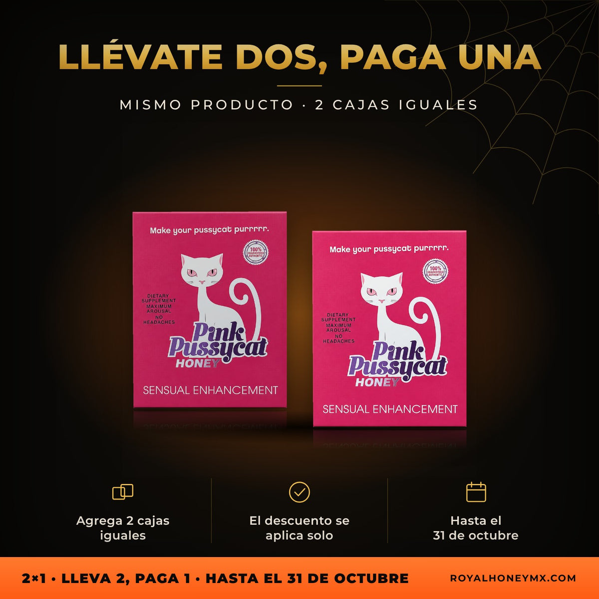 Dos unidades de Pink P Cat Honey, caja con 12 sobres: lleva 2 iguales y paga 1 en Royal Honey MX