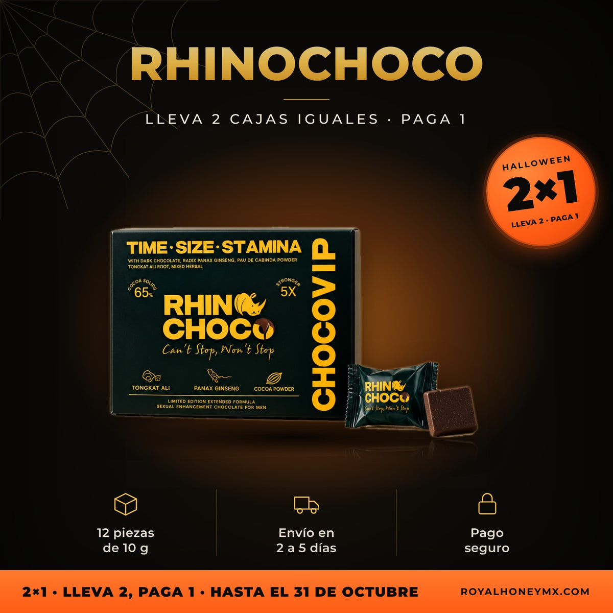 Rhinochoco, chocolate en caja con 12 piezas: promoción 2x1 de Halloween en Royal Honey MX, hasta el 31 de octubre