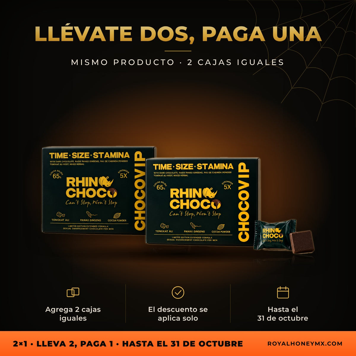Dos unidades de Rhinochoco, chocolate en caja con 12 piezas: lleva 2 iguales y paga 1 en Royal Honey MX