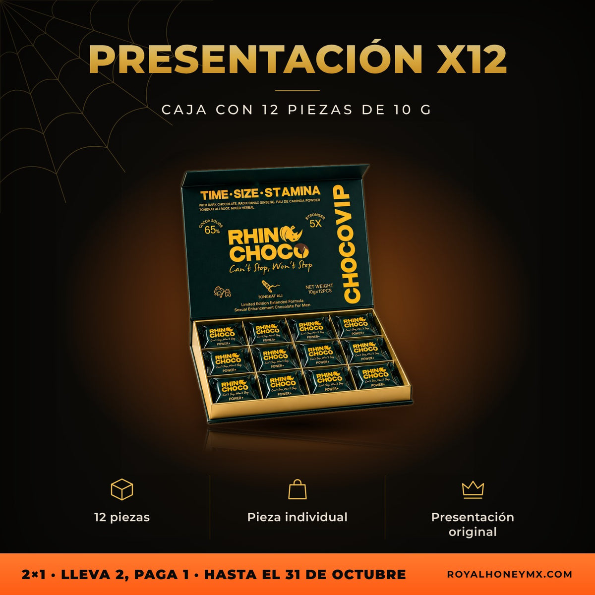Rhinochoco, chocolate en caja con 12 piezas: presentación original con sus piezas individuales