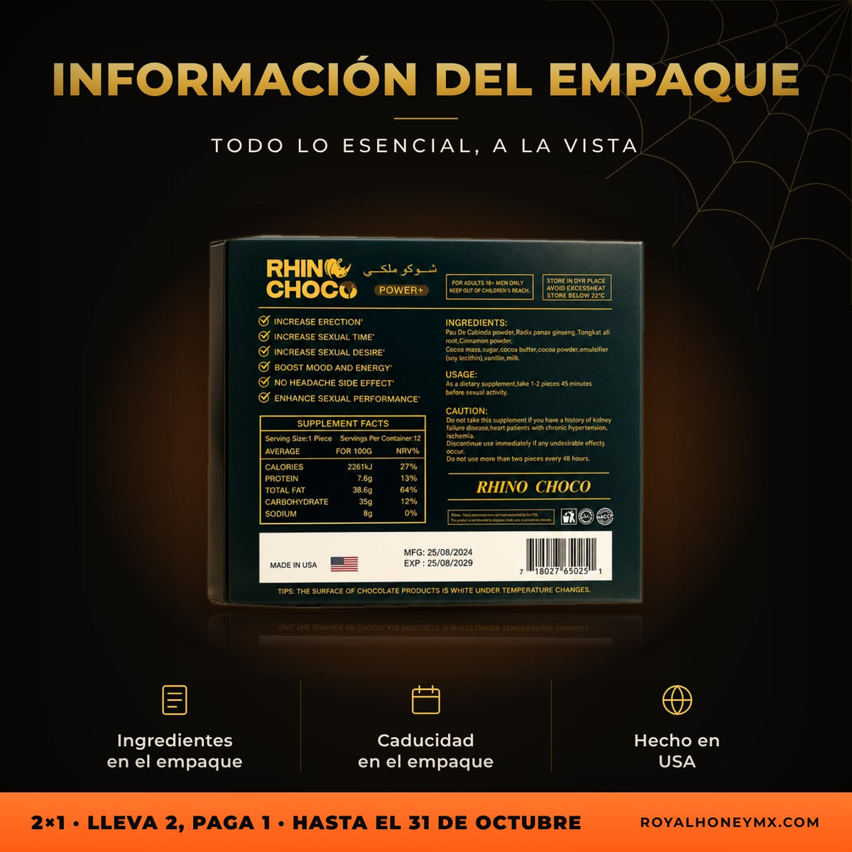 Reverso del empaque de Rhinochoco, chocolate en caja con 12 piezas con ingredientes y caducidad