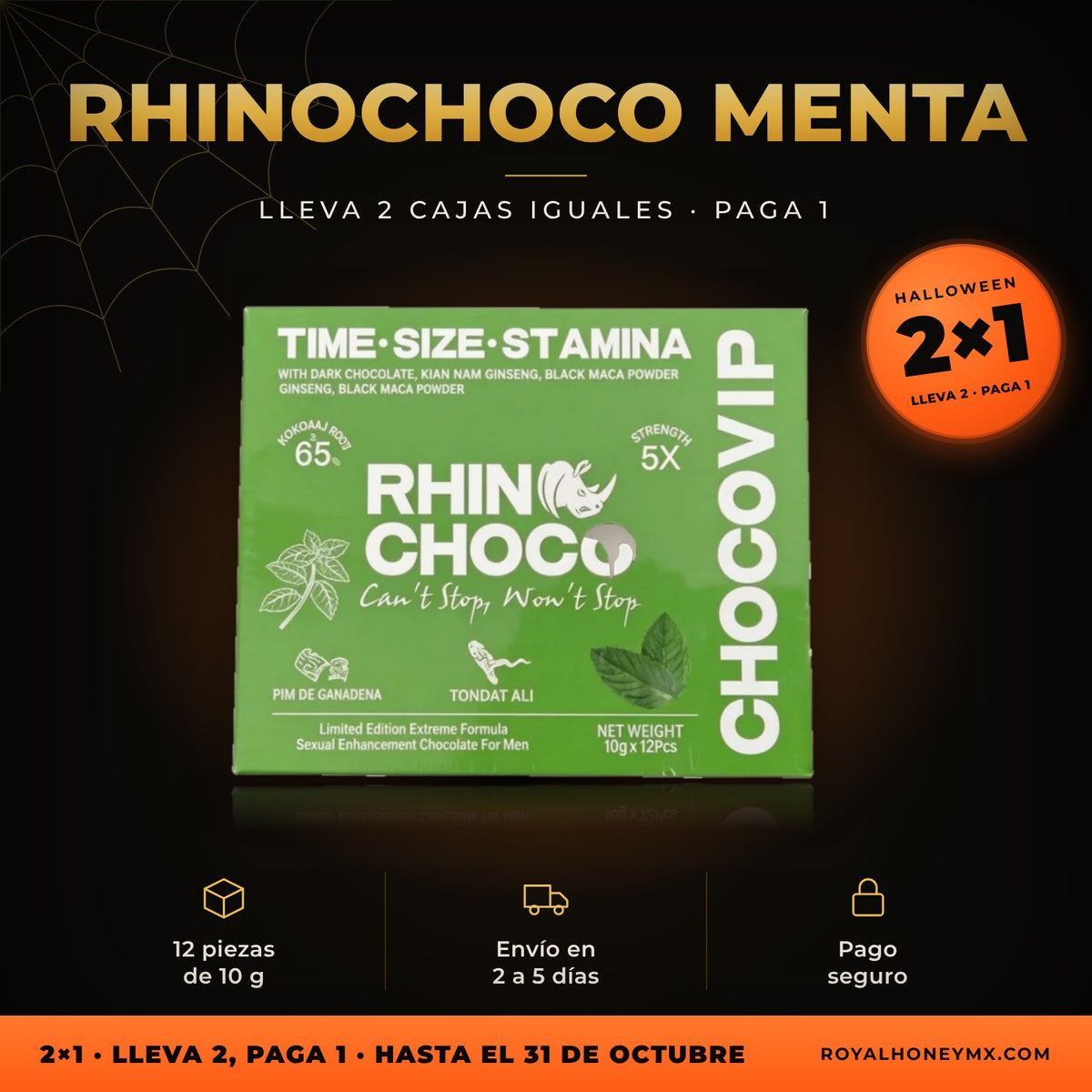 Rhinochoco Menta, chocolate en caja con 12 piezas: promoción 2x1 de Halloween en Royal Honey MX, hasta el 31 de octubre