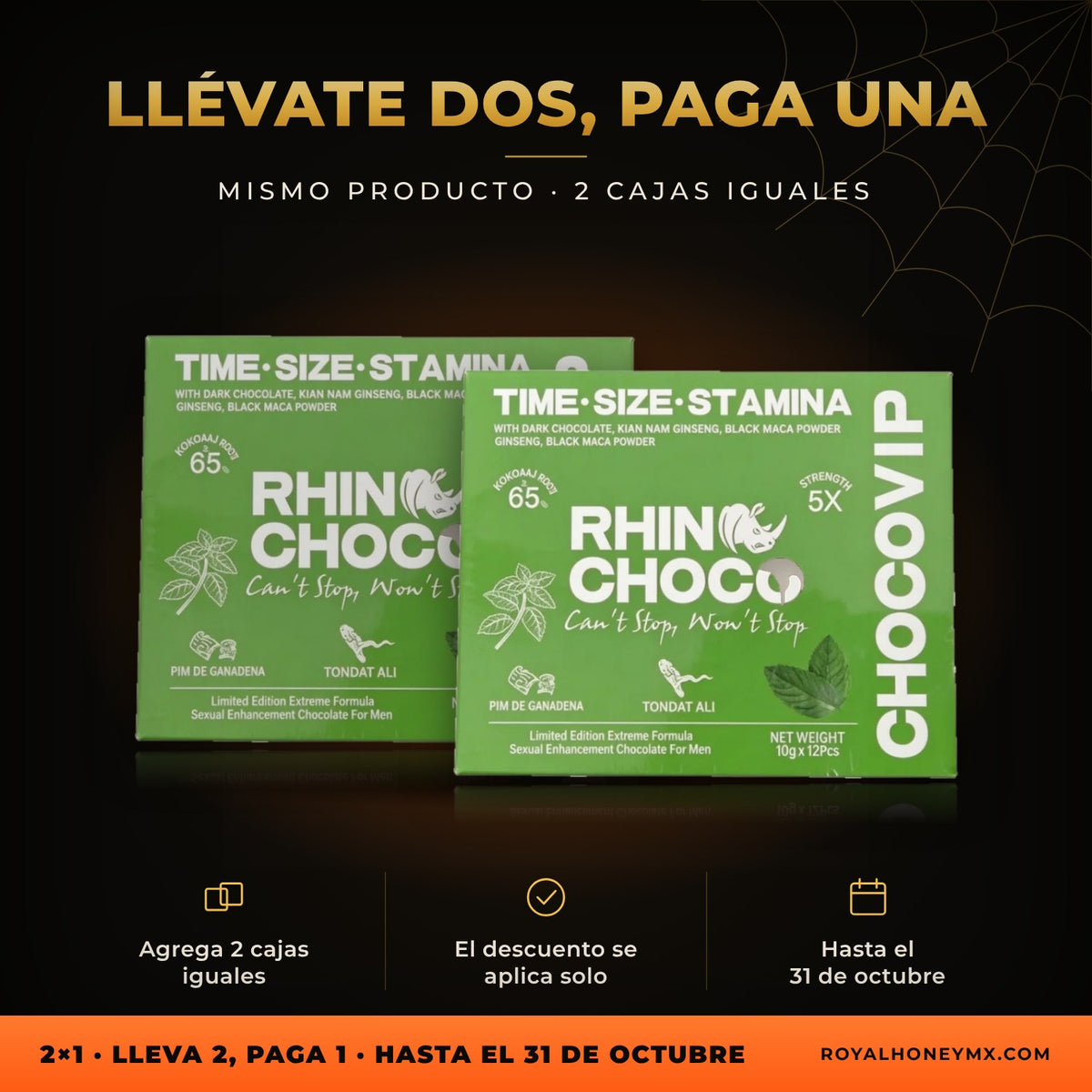 Dos unidades de Rhinochoco Menta, chocolate en caja con 12 piezas: lleva 2 iguales y paga 1 en Royal Honey MX