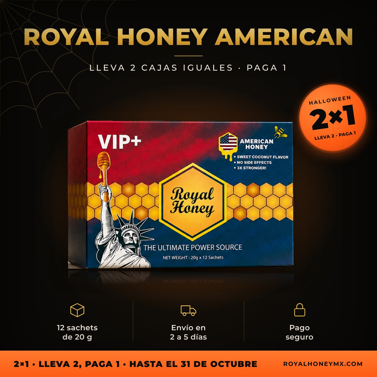Royal Honey American VIP+, caja con 12 sobres: promoción 2x1 de Halloween en Royal Honey MX, hasta el 31 de octubre