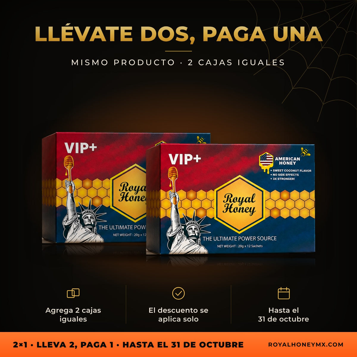 Dos unidades de Royal Honey American VIP+, caja con 12 sobres: lleva 2 iguales y paga 1 en Royal Honey MX