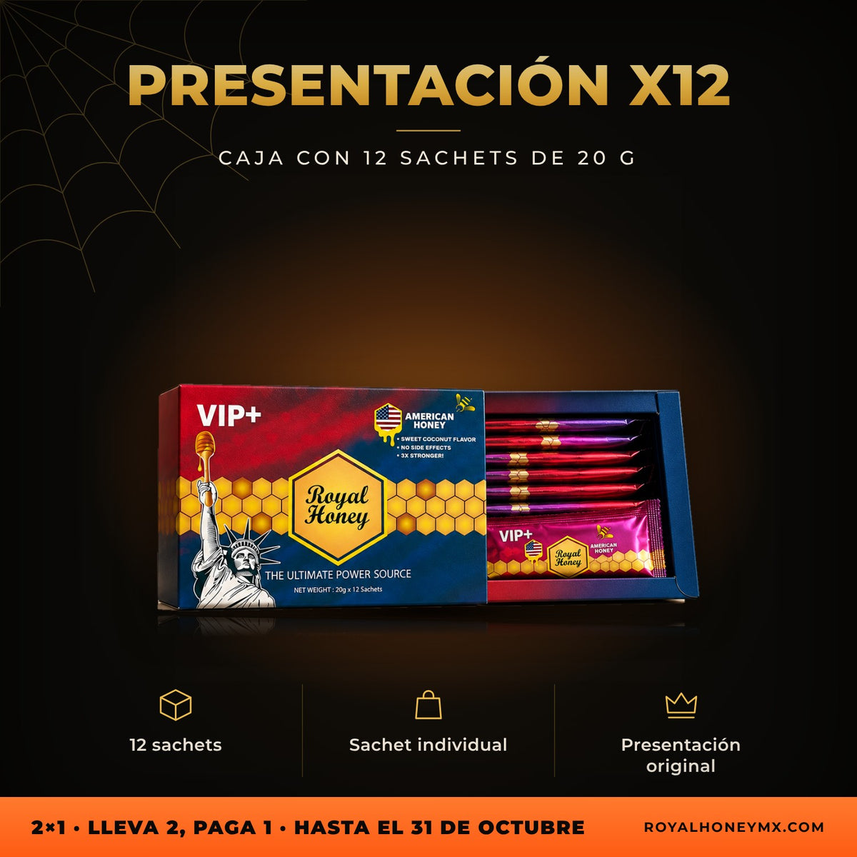 Royal Honey American VIP+, caja con 12 sobres: presentación original con sus piezas individuales