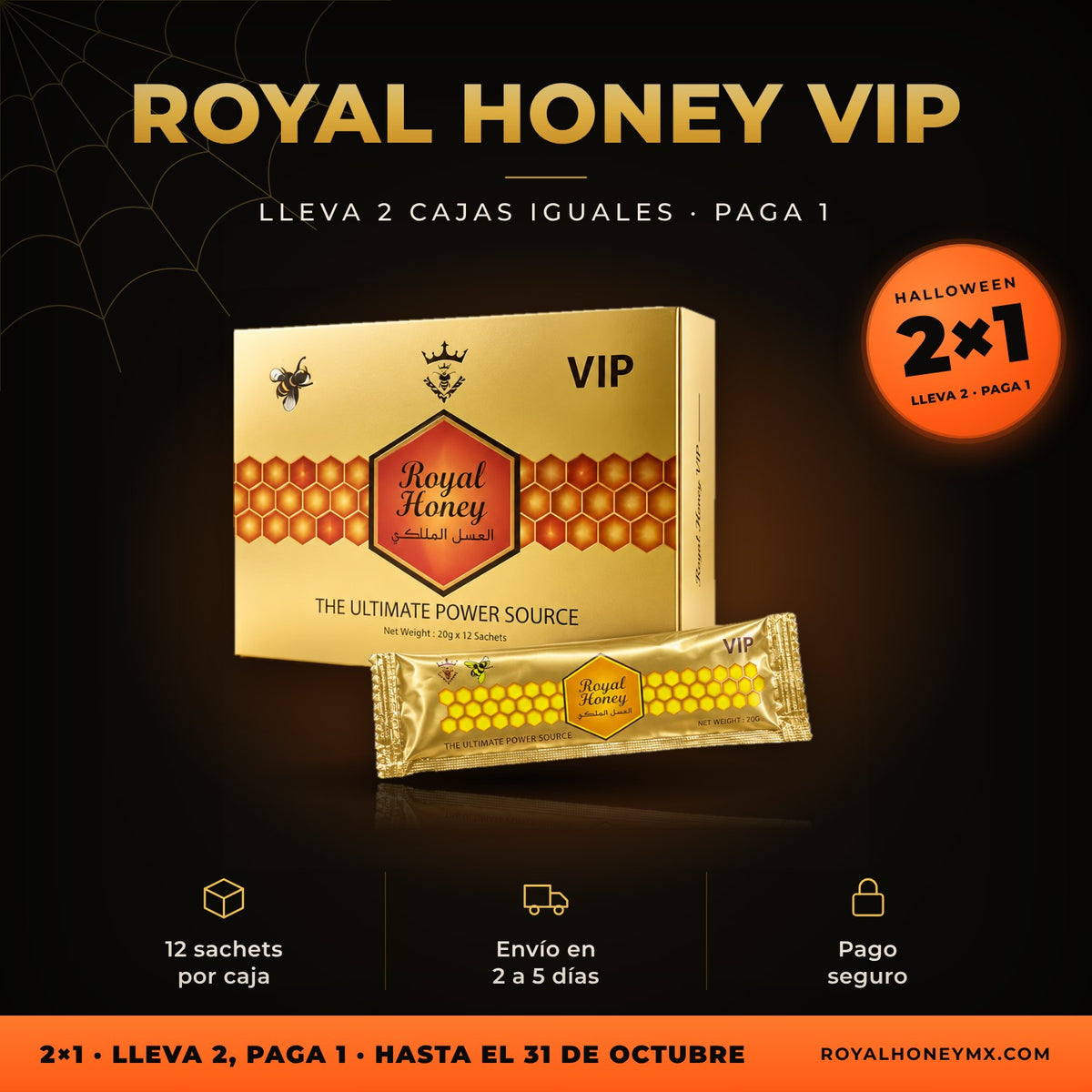 Royal Honey VIP, miel en caja con 12 sobres: promoción 2x1 de Halloween en Royal Honey MX, hasta el 31 de octubre