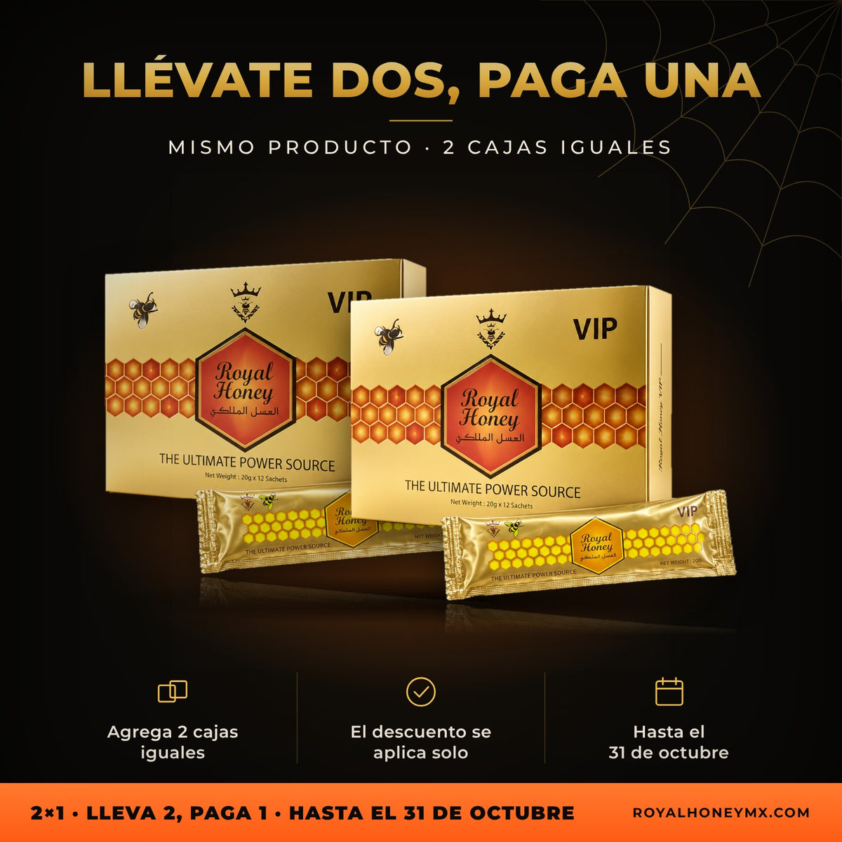 Dos unidades de Royal Honey VIP, miel en caja con 12 sobres: lleva 2 iguales y paga 1 en Royal Honey MX