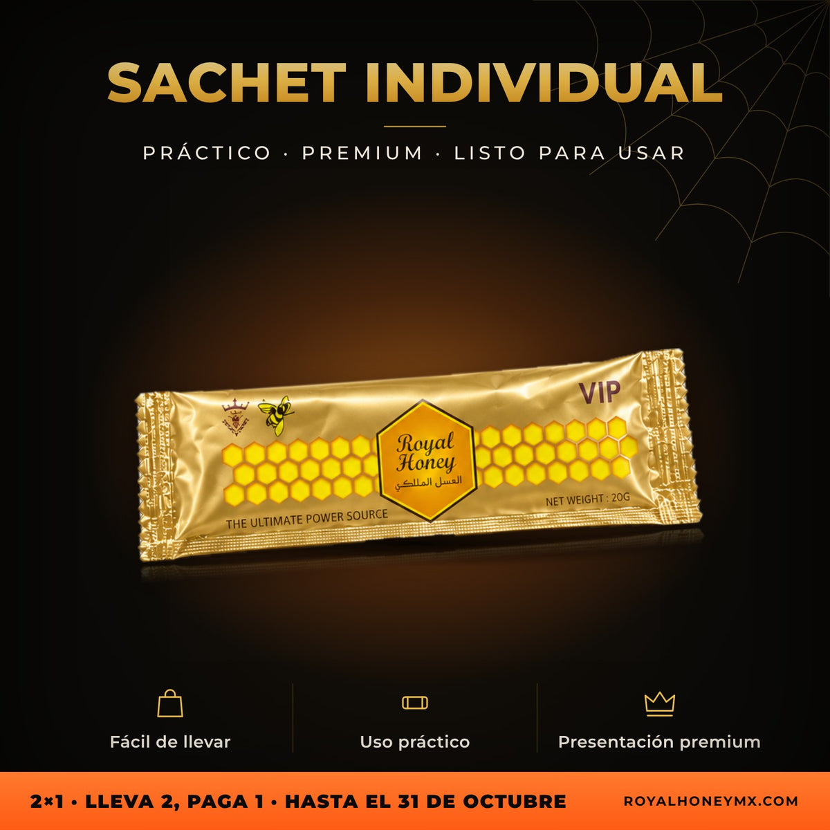 Sachet individual de Royal Honey VIP, miel en caja con 12 sobres