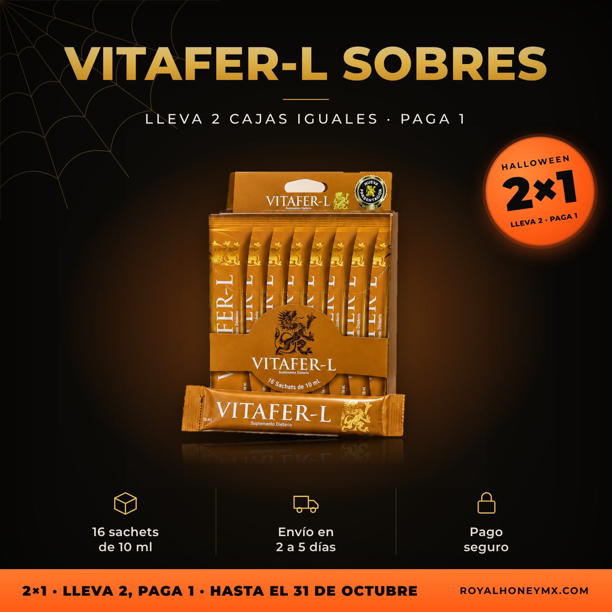 Vitafer-L, caja con 16 sobres de 10 ml: promoción 2x1 de Halloween en Royal Honey MX, hasta el 31 de octubre