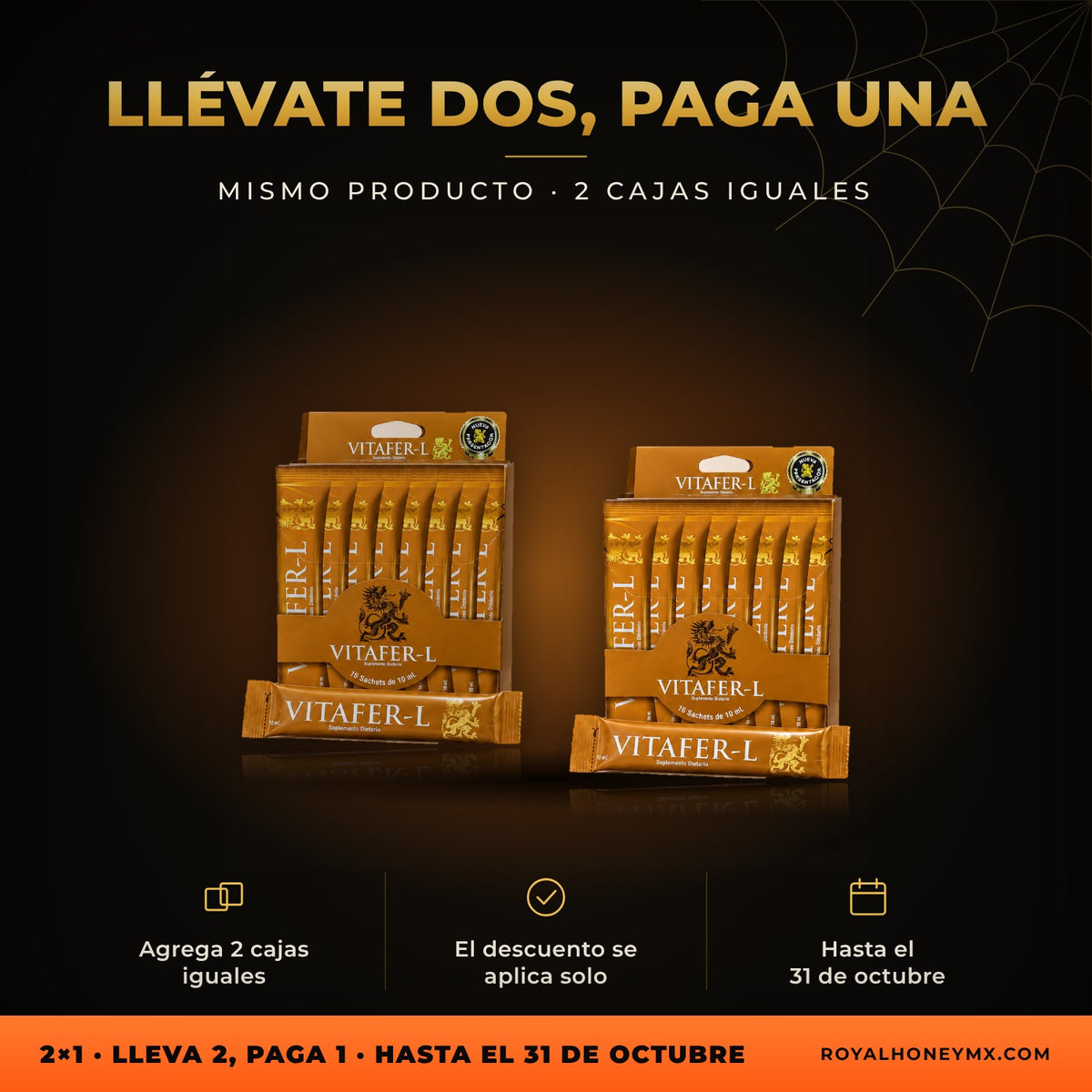 Dos unidades de Vitafer-L, caja con 16 sobres de 10 ml: lleva 2 iguales y paga 1 en Royal Honey MX