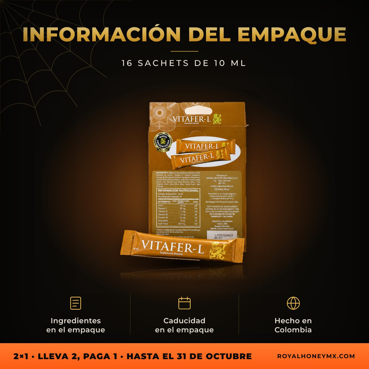 Reverso del empaque de Vitafer-L, caja con 16 sobres de 10 ml con ingredientes y caducidad